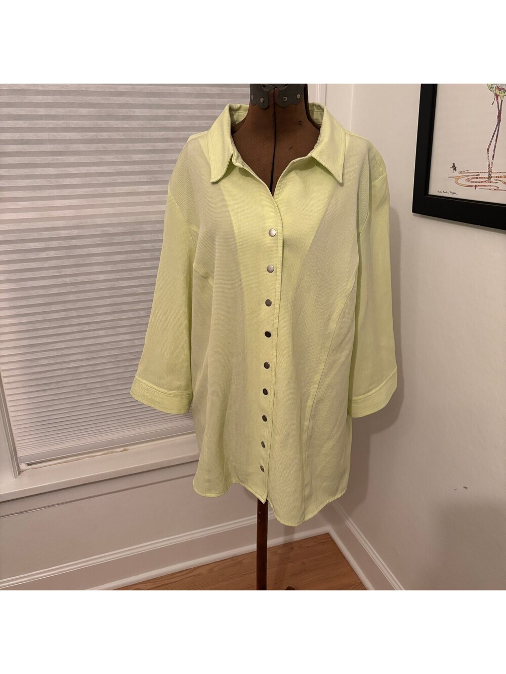 CJ Banks Women’s 3X Lime Green Snap Front 3/4 Sleeve Tunic Shirt Plus (2272)